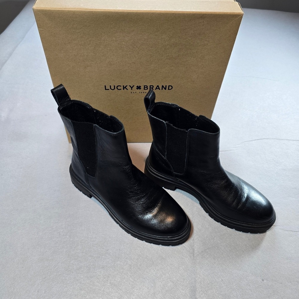 Lucky Brand Bhrett Black Leather Chelsea Lug Sole Ankle Boots Women 8.5 M